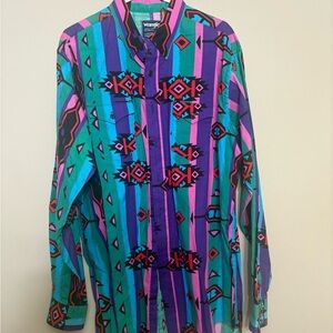 VINTAGE Wrangler Brushpopper Geometric Cowboy Shirt Xtra Long Tails 16 x 38